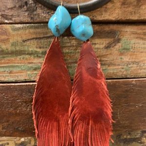 Handmade read leather earrings with turquoise!